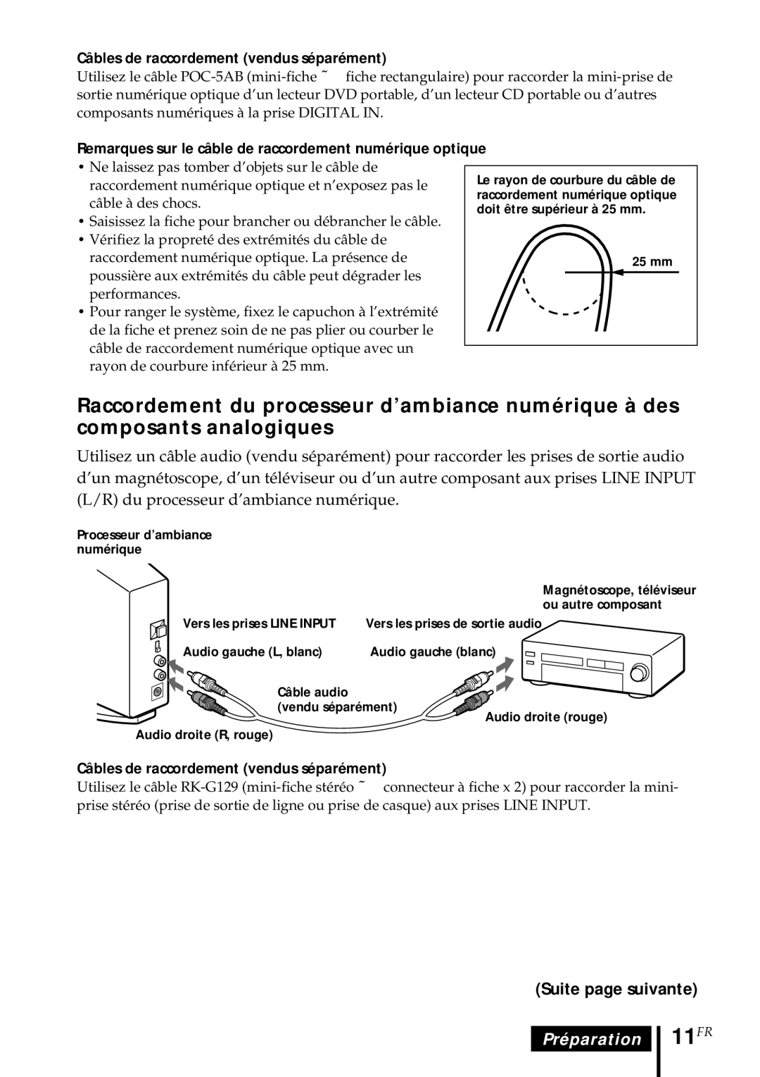 Sony MDR DS5000 11FR, Câbles de raccordement vendus séparément, Remarques sur le câble de raccordement numérique optique 