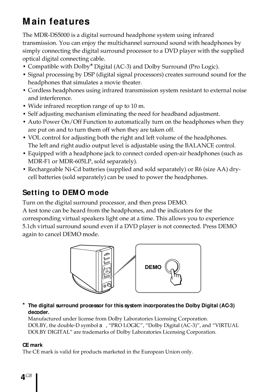 Sony MDR DS5000 operating instructions Main features, Setting to Demo mode, CE mark 