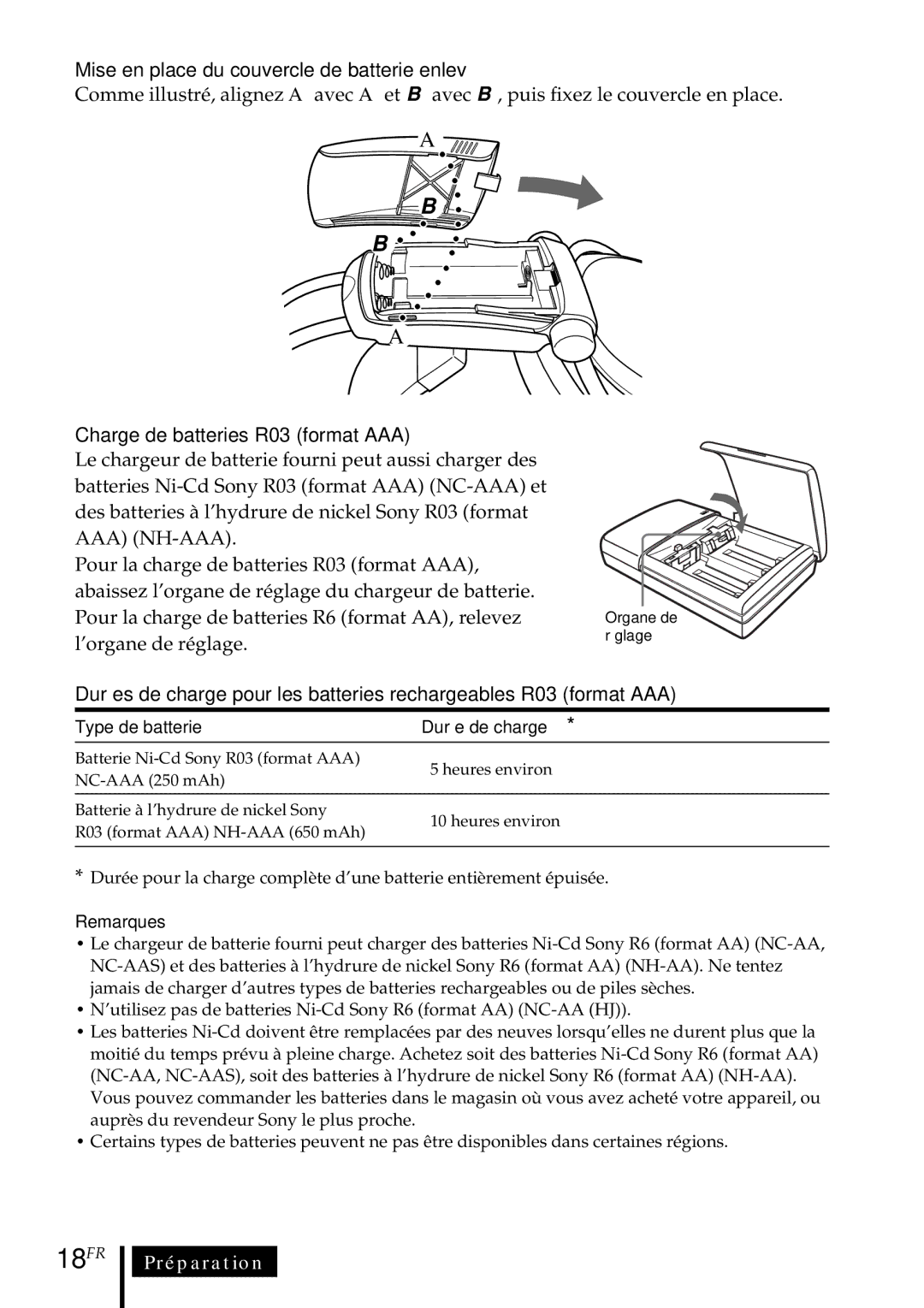 Sony MDR DS5000 18FR, Mise en place du couvercle de batterie enlevé, Charge de batteries R03 format AAA 