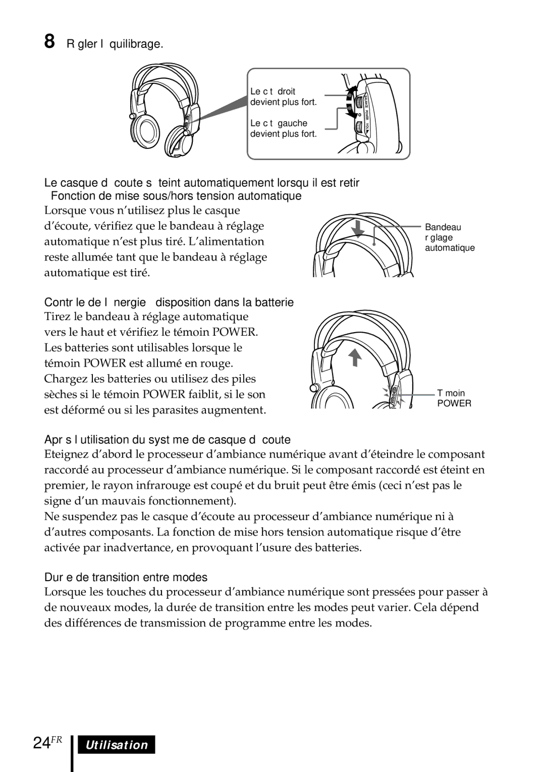 Sony MDR DS5000 operating instructions 24FR, Régler l’équilibrage, Contrôle de l’énergie à disposition dans la batterie 