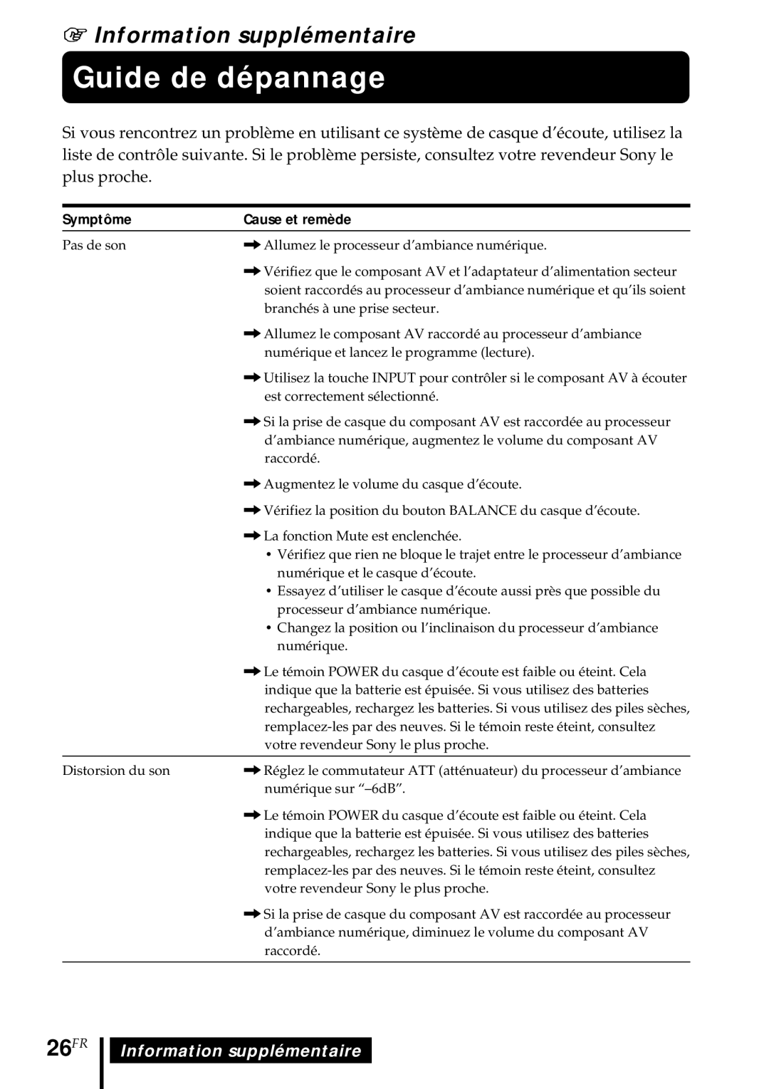 Sony MDR DS5000 operating instructions Guide de dépannage, 26FR, Information supplémentaire 