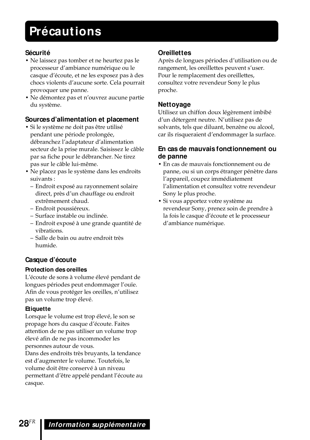 Sony MDR DS5000 operating instructions Précautions, 28FR 