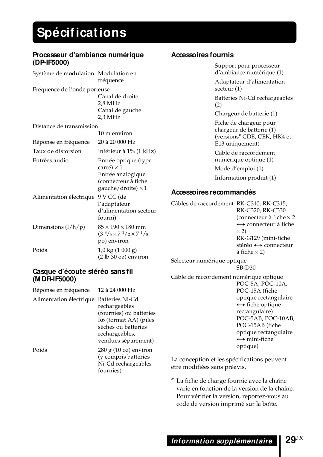 Sony MDR DS5000 operating instructions Spécifications, 29FR 