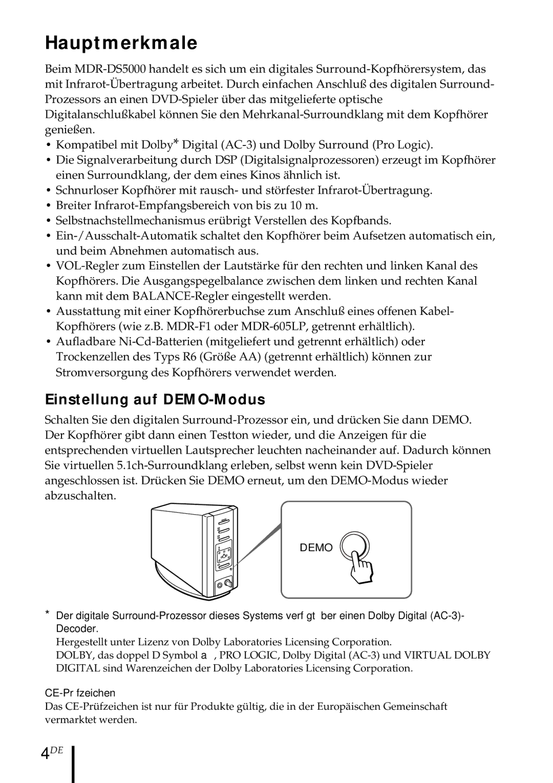 Sony MDR DS5000 operating instructions Hauptmerkmale, Einstellung auf DEMO-Modus, CE-Prüfzeichen 