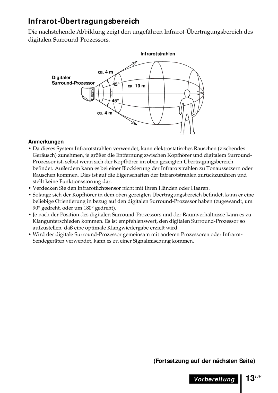 Sony MDR DS5000 operating instructions 13DE, Infrarot-Übertragungsbereich 