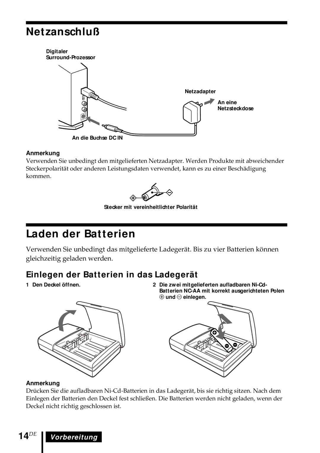 Sony MDR DS5000 operating instructions Netzanschluß, Laden der Batterien, 14DE, Einlegen der Batterien in das Ladegerät 