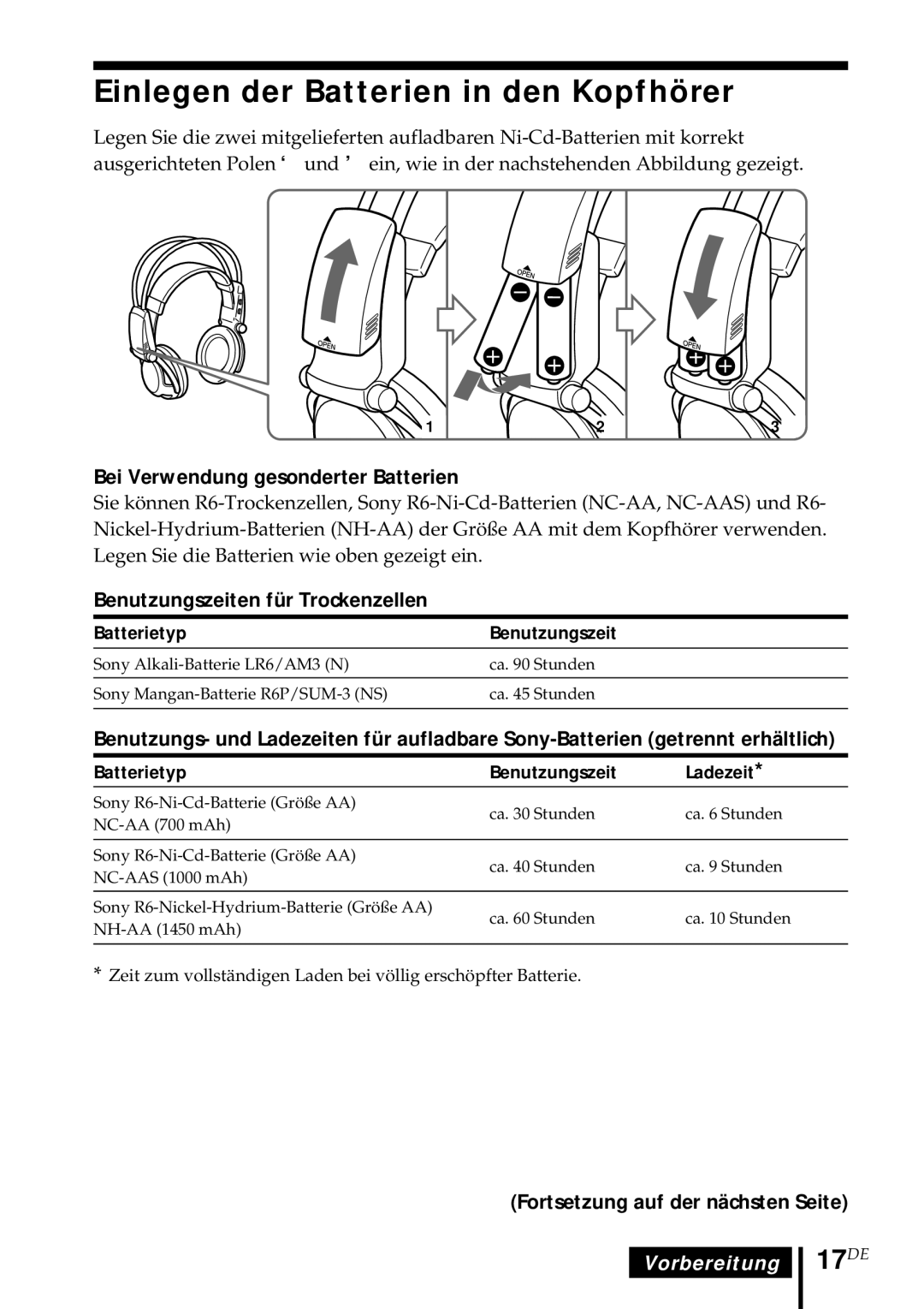 Sony MDR DS5000 operating instructions Einlegen der Batterien in den Kopfhörer, 17DE, Bei Verwendung gesonderter Batterien 