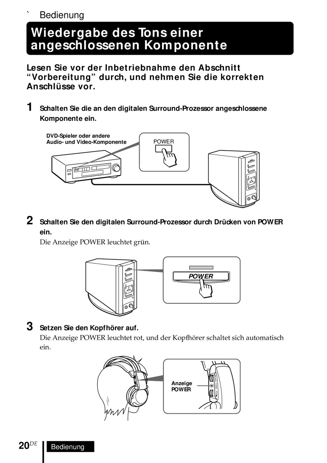 Sony MDR DS5000 Wiedergabe des Tons einer angeschlossenen Komponente, 20DE, Setzen Sie den Kopfhörer auf, Bedienung 