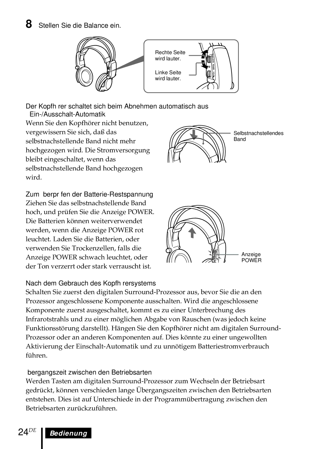 Sony MDR DS5000 operating instructions 24DE, Stellen Sie die Balance ein, Zum Überprüfen der Batterie-Restspannung 