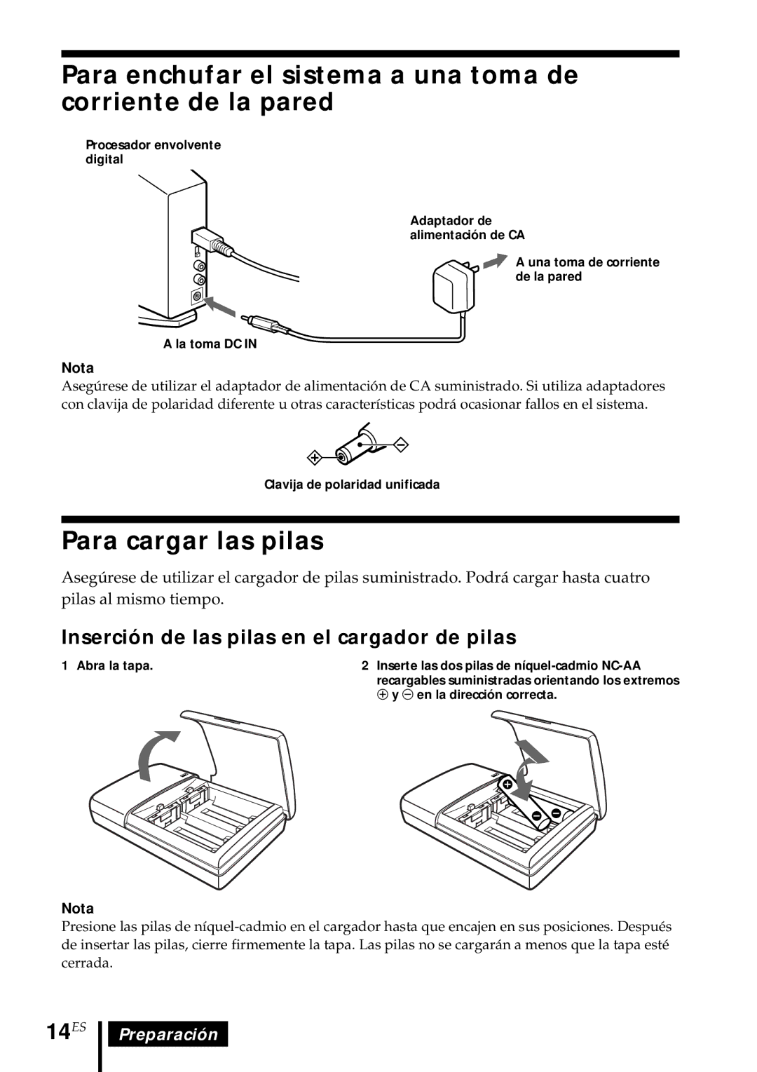 Sony MDR DS5000 operating instructions Para cargar las pilas, 14ES, Inserción de las pilas en el cargador de pilas 