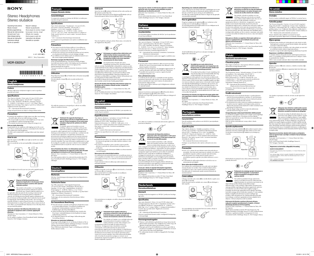 Sony MDR-E820LP manual English, Français, Deutsch, Español, Italiano, Nederlands, Português, Polski, Hrvatski 