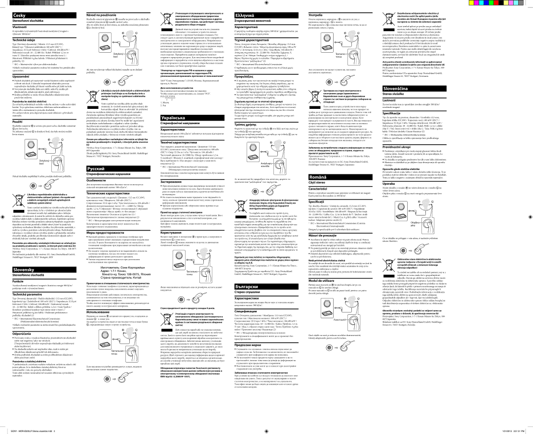 Sony MDR-E820LP manual Česky, Slovensky, Pyccкий, Укpaїнcькa, Ελληνικά, Бългapcки, Română, Slovenščina 