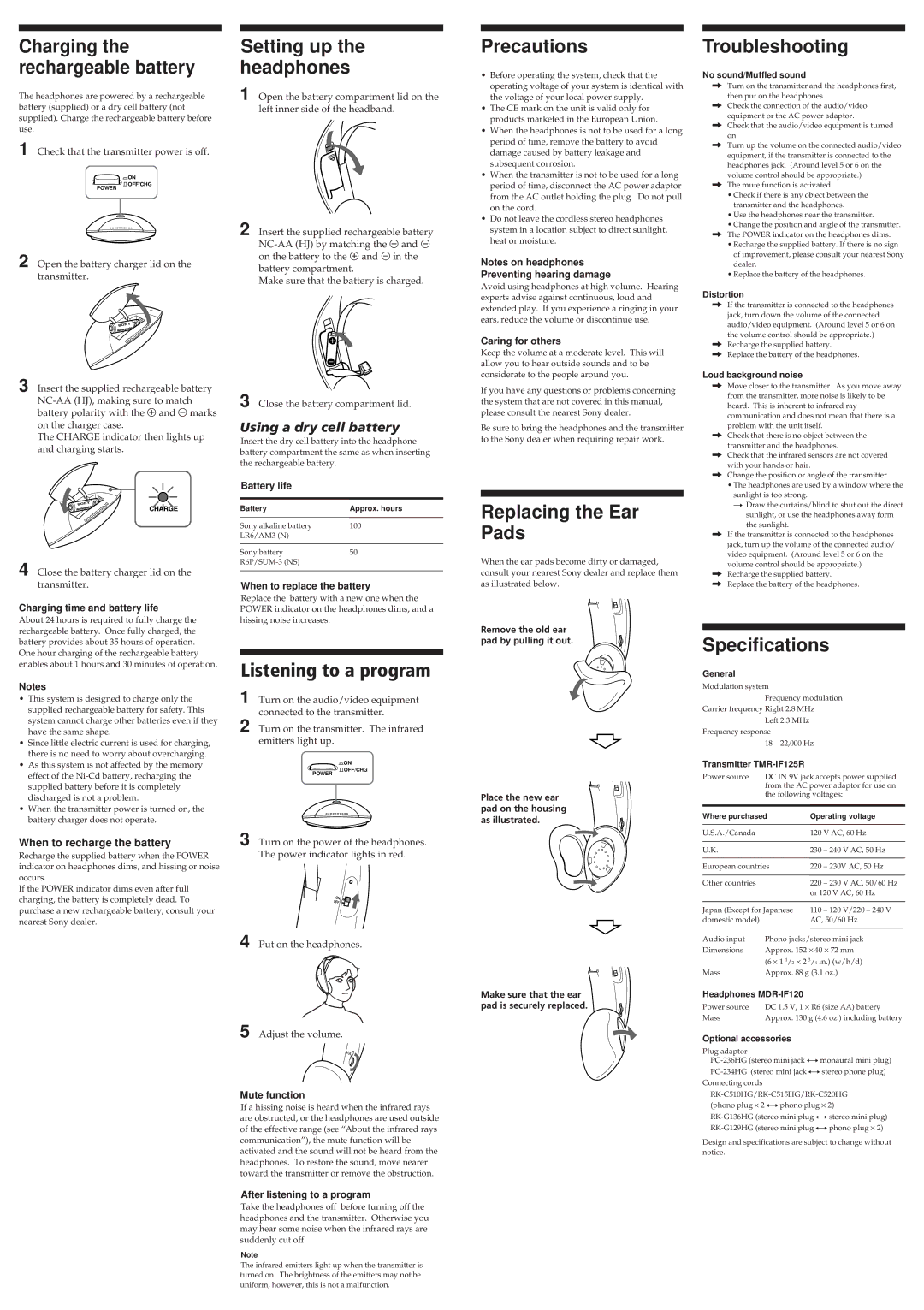 Sony MDR-IF125RK manual Charging the rechargeable battery, Setting up the headphones, Precautions, Troubleshooting 