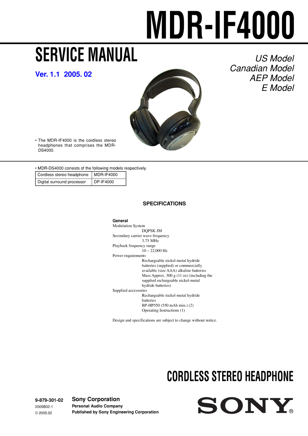 Sony MDR-IF4000 service manual Specifications 