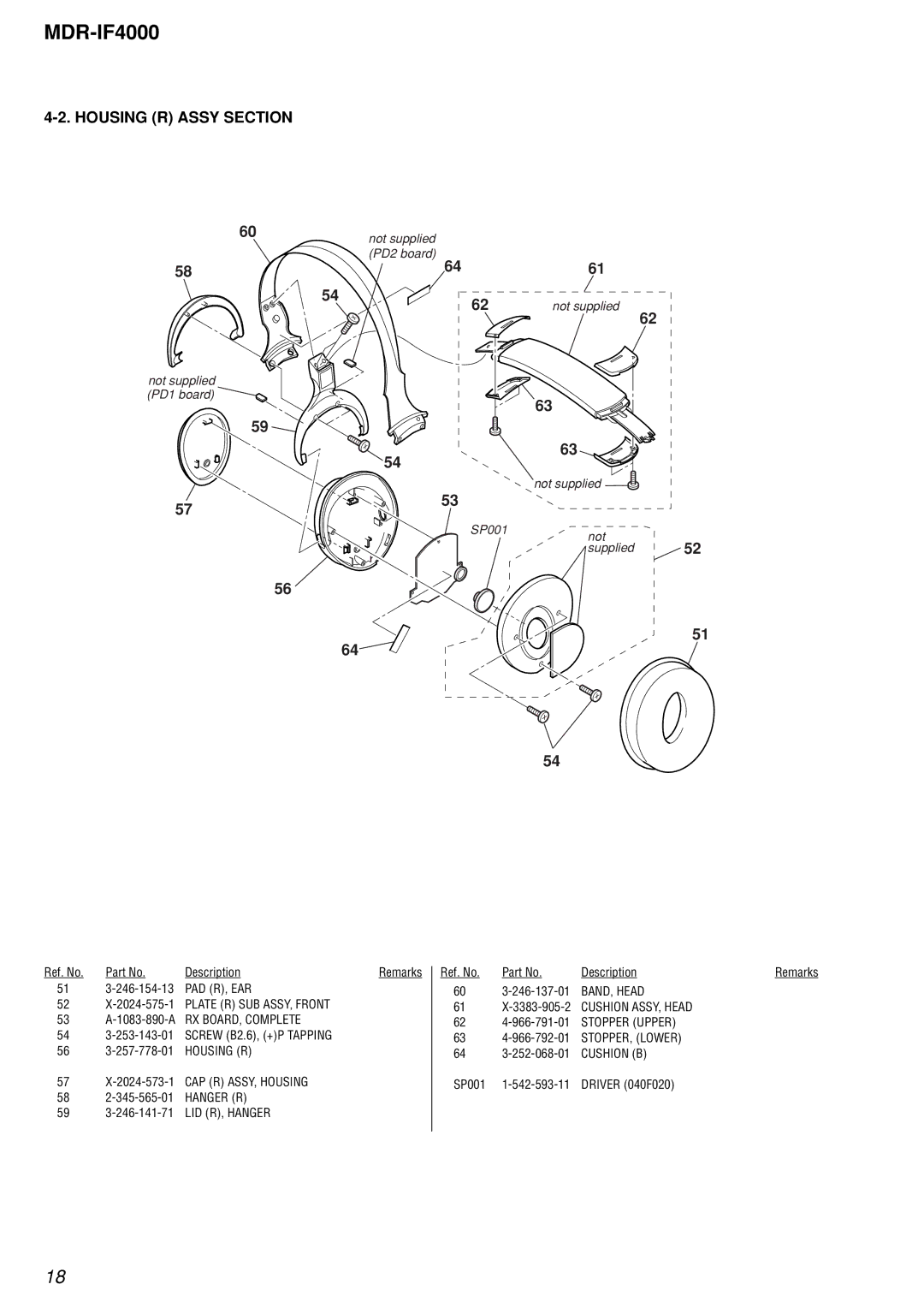 Sony MDR-IF4000 service manual Housing R Assy Section, Not supplied PD1 board SP001 Supplied 