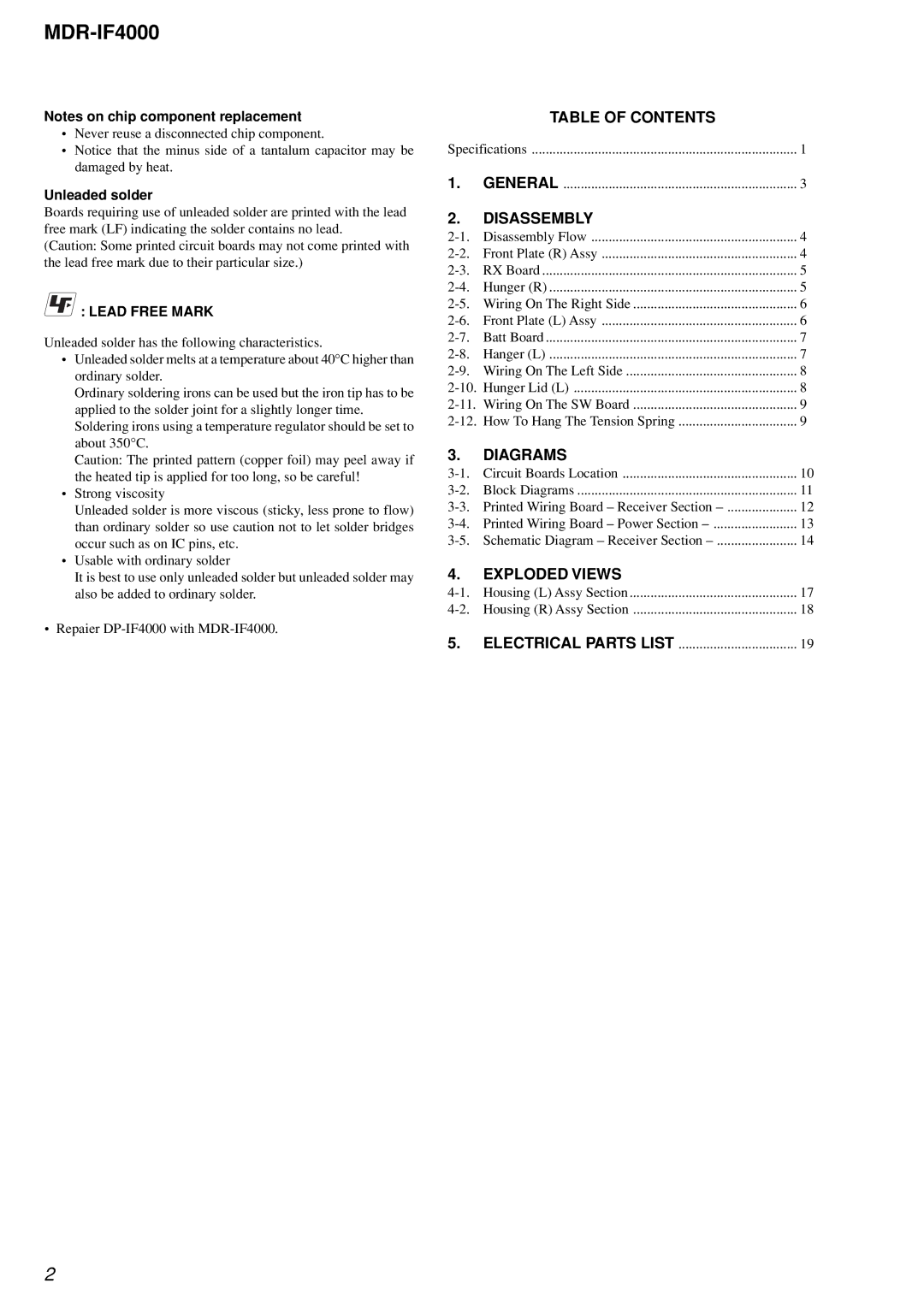 Sony MDR-IF4000 service manual Table of Contents, Disassembly, Diagrams, Exploded Views 