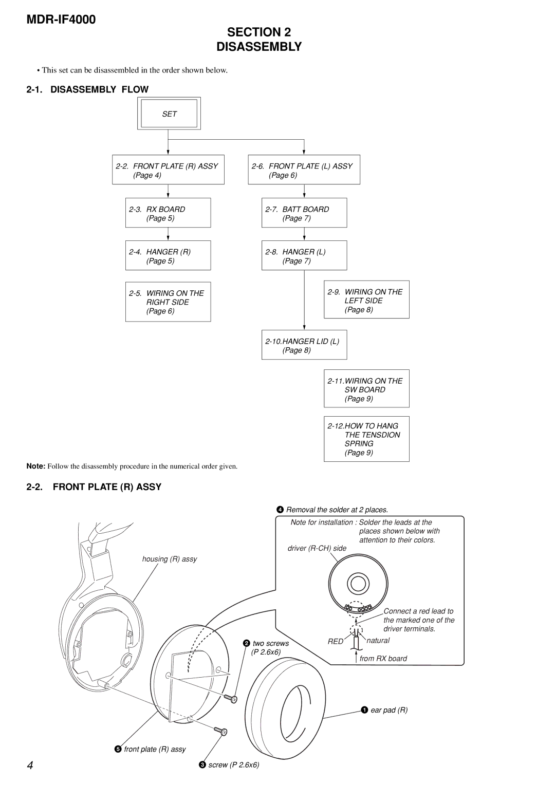 Sony MDR-IF4000 service manual Section Disassembly, Disassembly Flow, Front Plate R Assy 