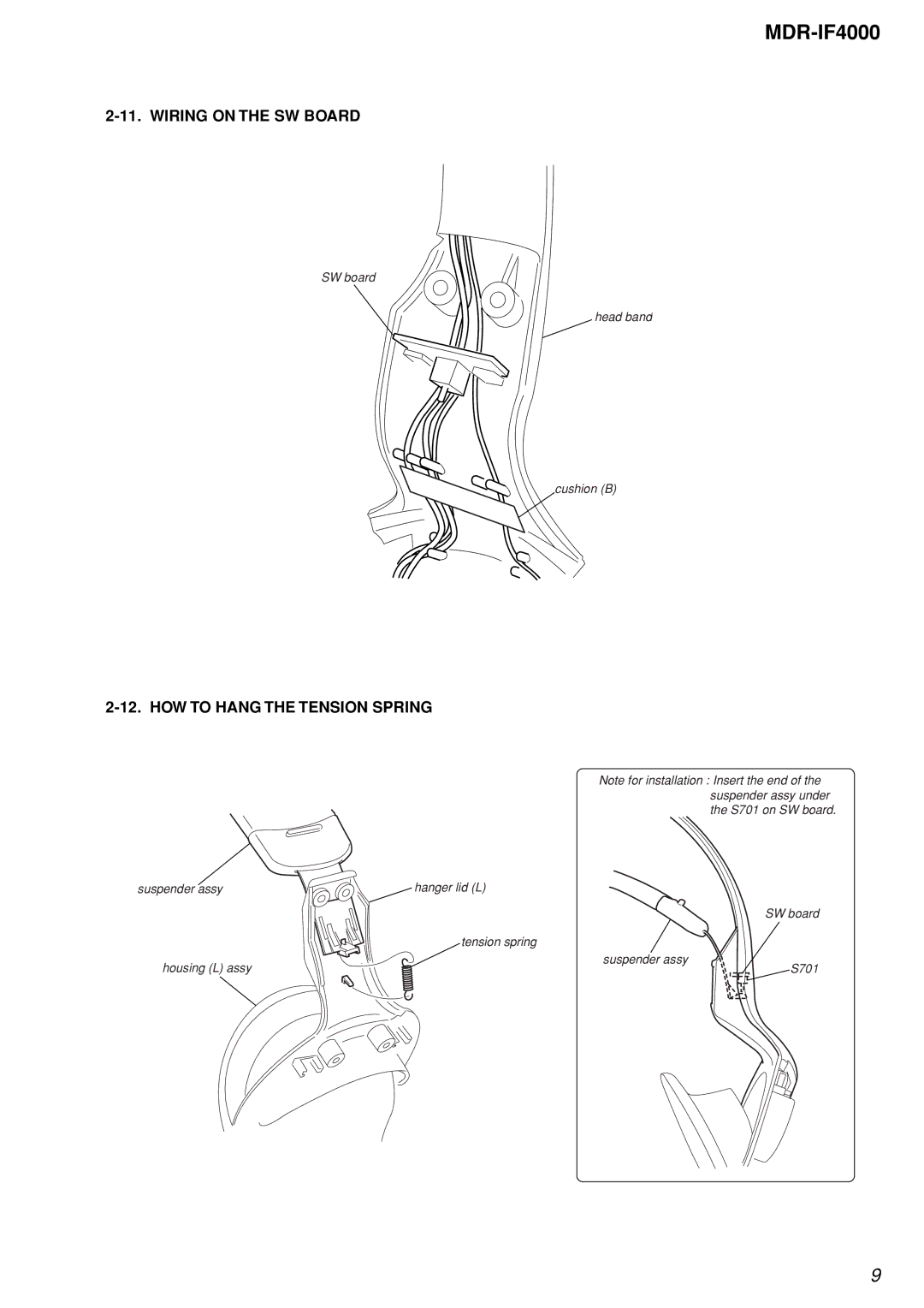 Sony MDR-IF4000 service manual Wiring on the SW Board, HOW to Hang the Tension Spring 