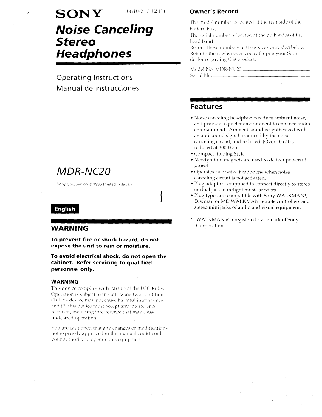 Sony MDR-NC20 manual 