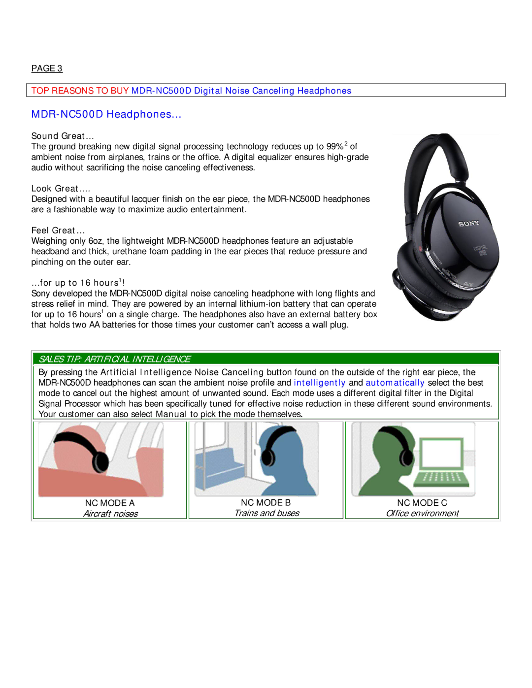 Sony manual MDR-NC500D Headphones…, Sales TIP Artificial Intelligence 