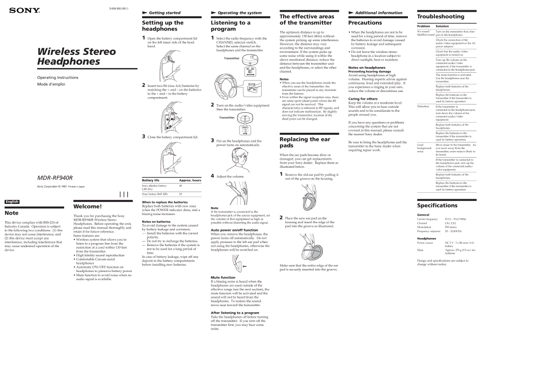 Sony MDR-RF940R specifications Setting up the headphones, Listening to a program, Effective areas of the transmitter 