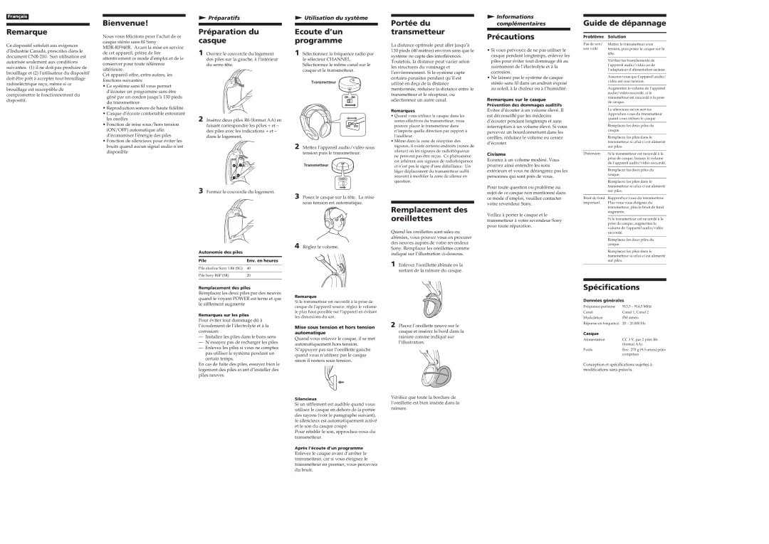 Sony MDR-RF940R Remarque Bienvenue, Préparation du casque, Ecoute d’un programme Portée du transmetteur, Spécifications 