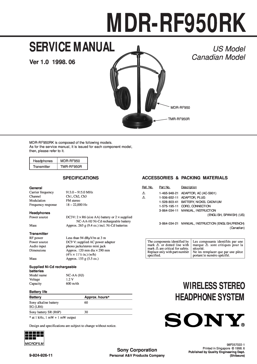 Sony MDR-RF950RK service manual Headphone System, US Model, Wireless Stereo, Canadian Model, Ver, Sony Corporation 