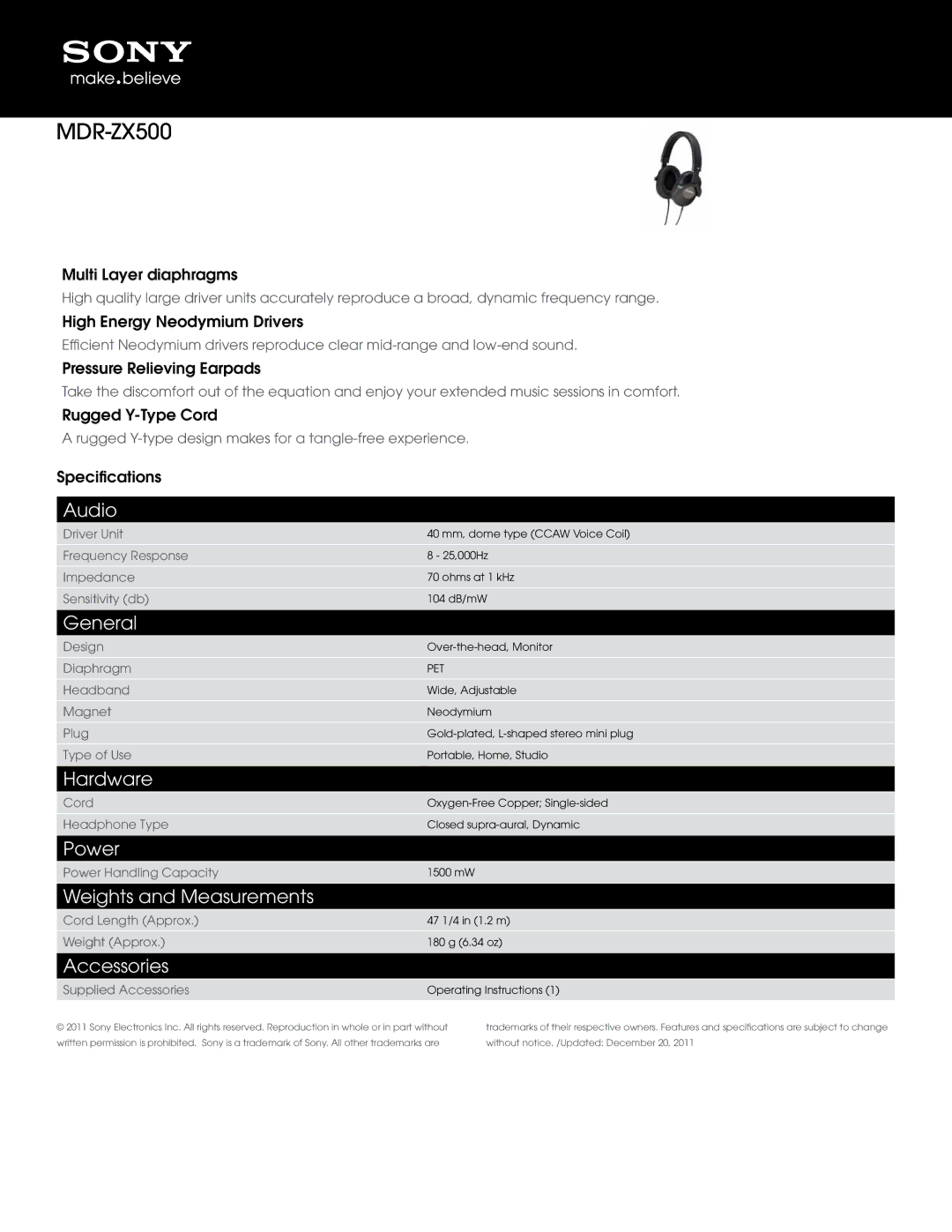 Sony MDR-ZX500 operating instructions 