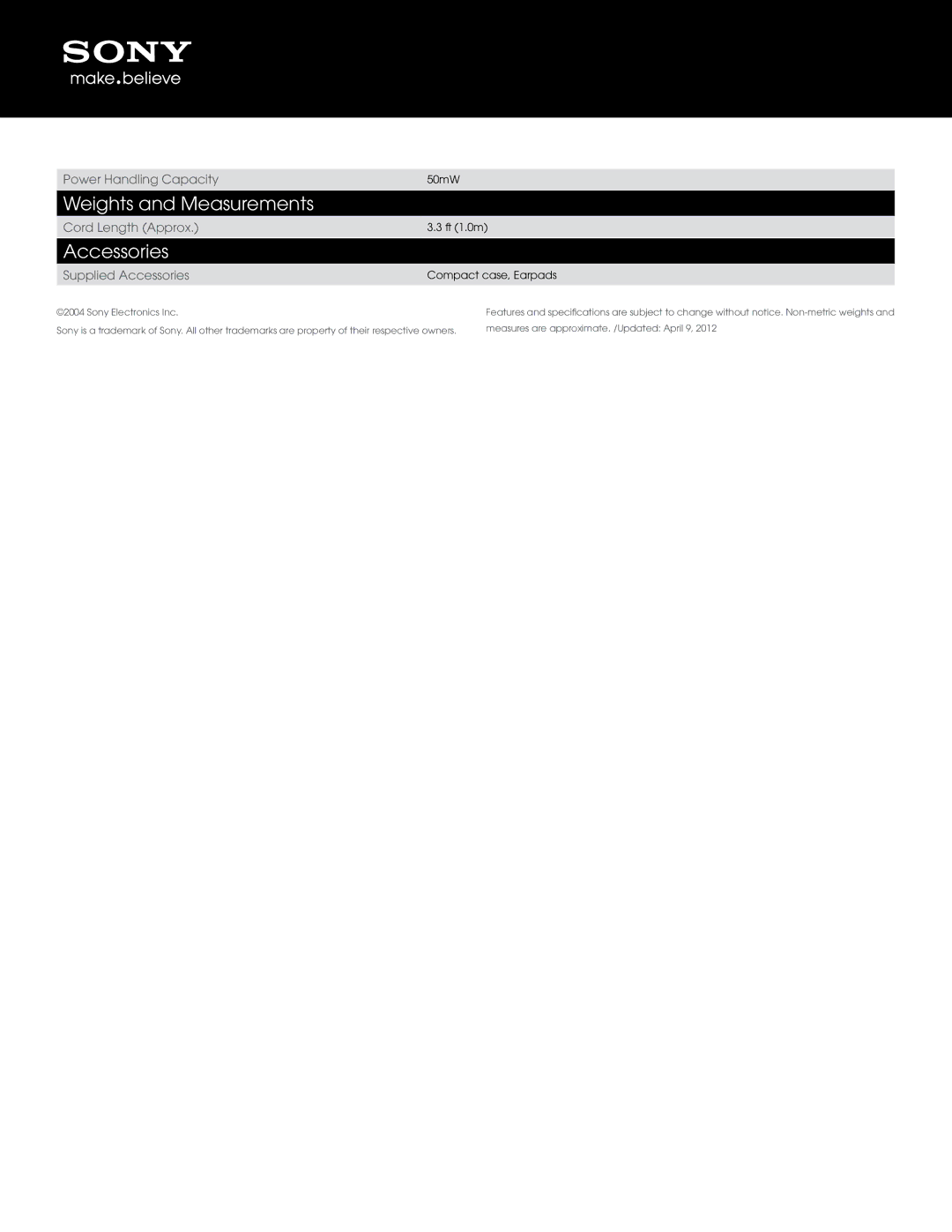 Sony MDRE828LPSLV manual Weights and Measurements, Accessories 