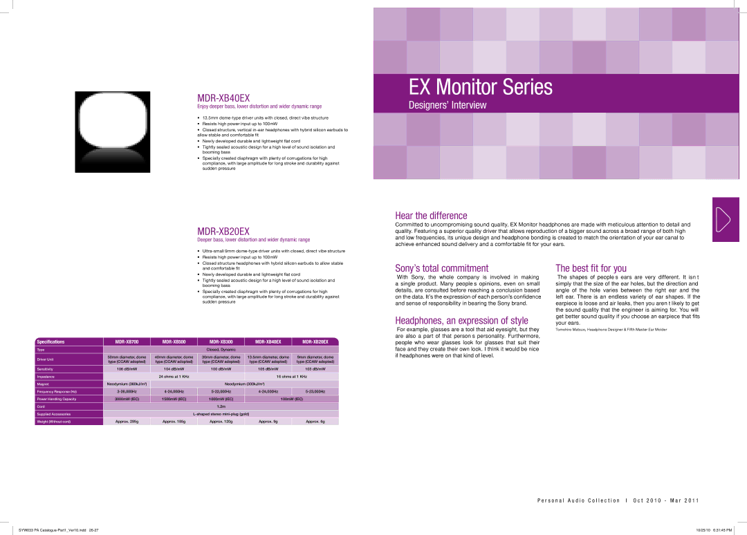 Sony MDRPQ4/PNK manual MDR-XB40EX, MDR-XB20EX, Hear the difference, Sony’s total commitment, Best fit for you 