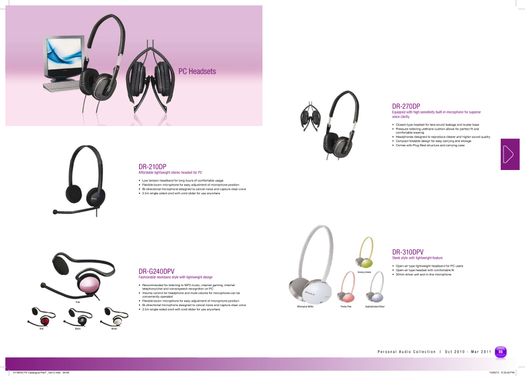 Sony MDRPQ4/PNK manual PC Headsets, DR-210DP, DR-G240DPV, DR-270DP, DR-310DPV 