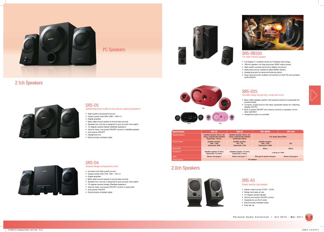 Sony MDRPQ4/PNK manual SRS-D5 SRS-D4, SRS-DB500 SRS-D25 Speaker System, Power Output, Impedence, Input 