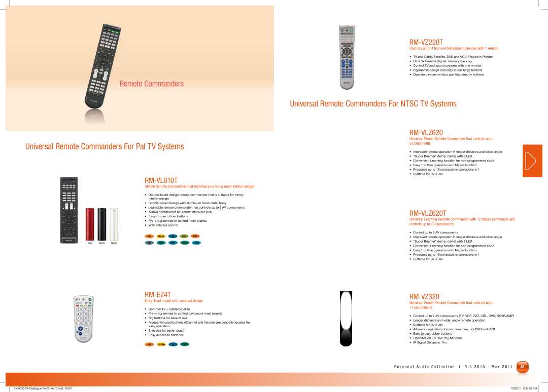 Sony MDRPQ4/PNK manual Universal Remote Commanders For Pal TV Systems 