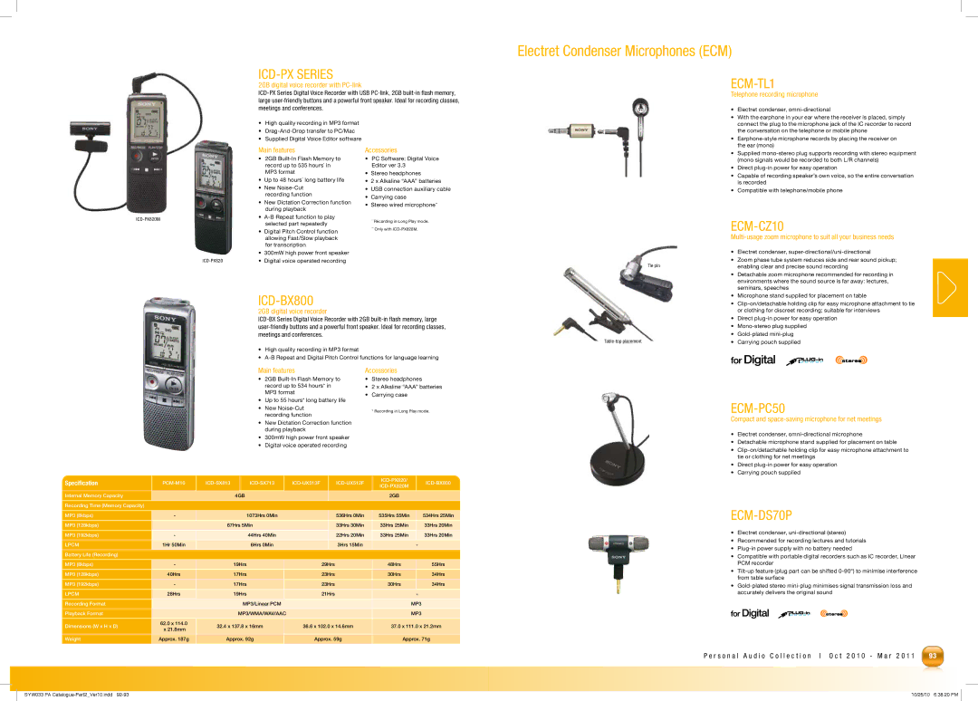 Sony MDRPQ4/PNK manual Specification, PCM-M10 ICD-SX813 ICD-SX713 ICD-UX513F ICD-UX512F, ICD-BX800, ICD-PX820M, Lpcm 