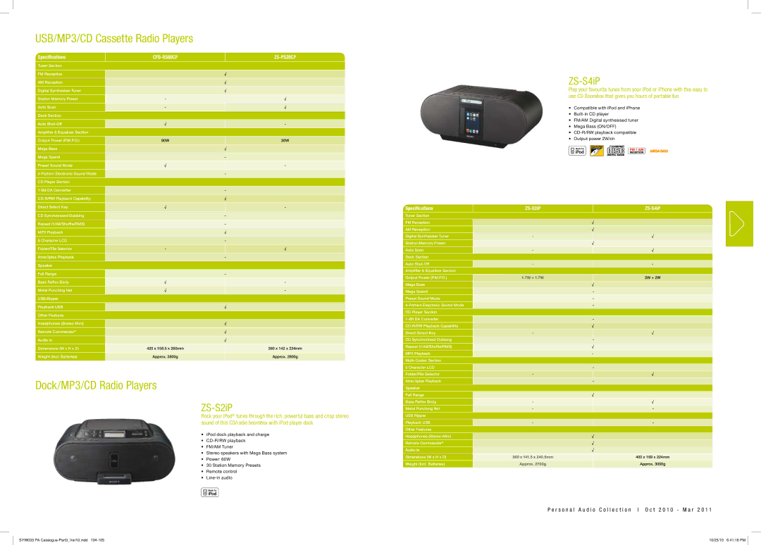 Sony MDRPQ4/PNK manual CFD-RS60CP ZS-PS20CP, 2W + 2W, 400 x 169 x 224mm 