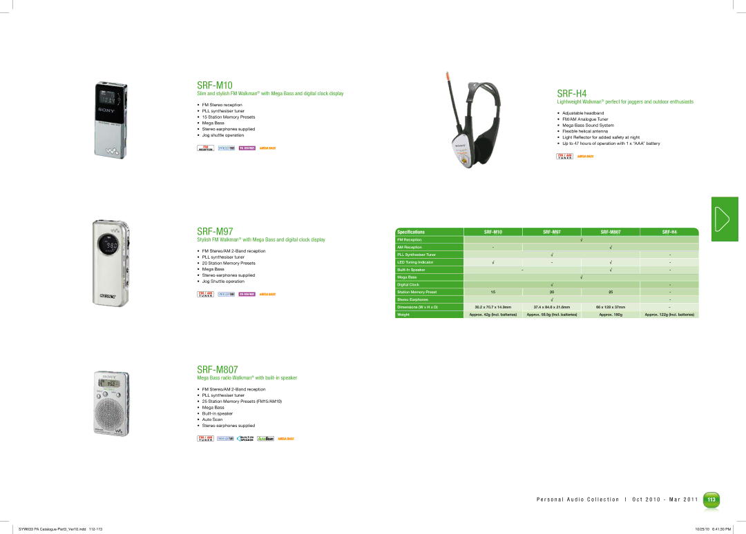 Sony MDRPQ4/PNK manual SRF-M10, SRF-M97, SRF-H4, Stylish FM Walkman with Mega Bass and digital clock display 