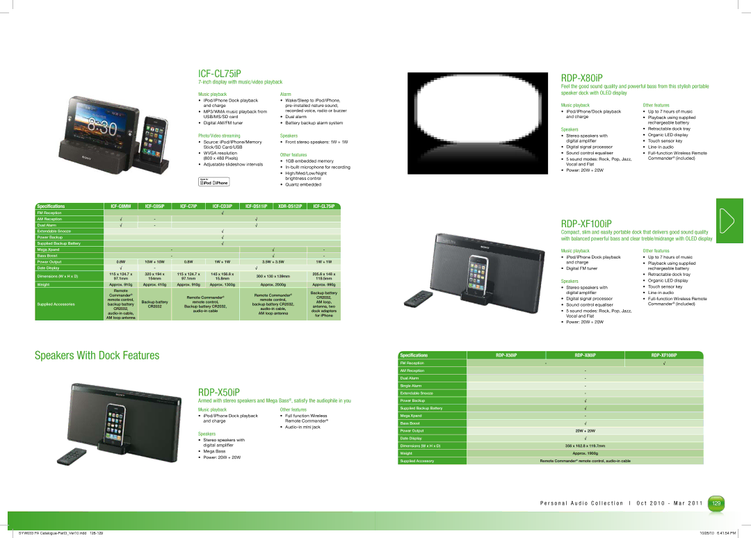 Sony MDRPQ4/PNK manual Inch display with music/video playback, ICF-C8MW, Specifications RDP-X50iP, RDP-X80iP 