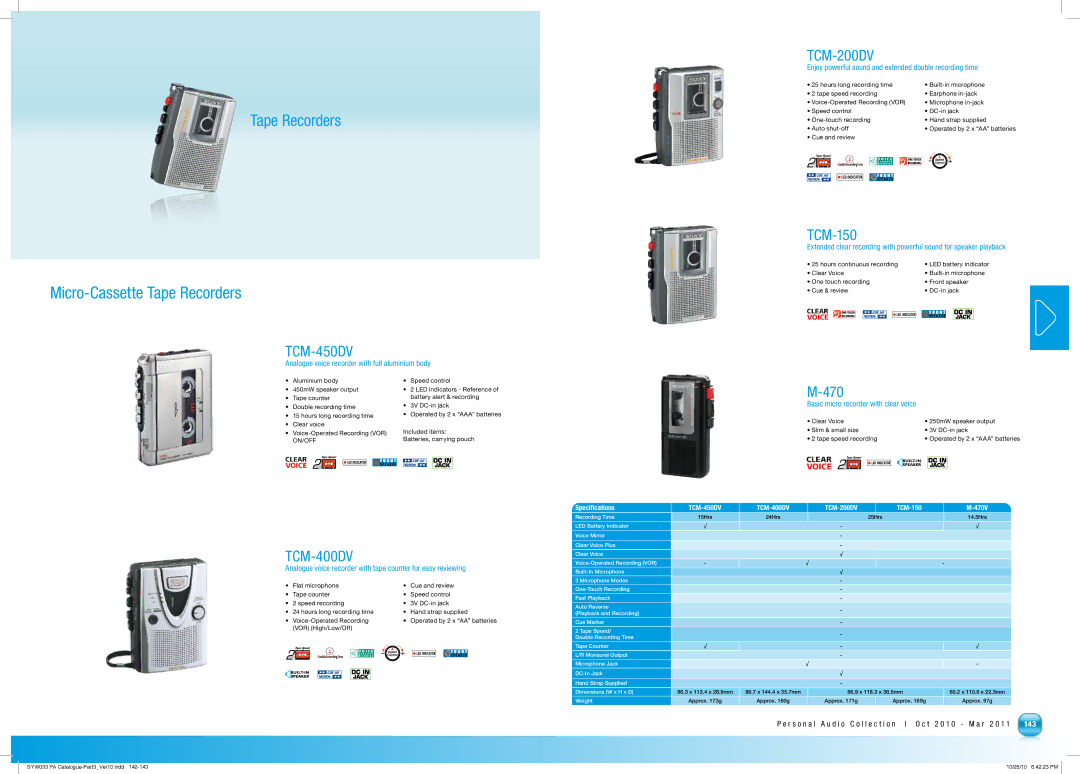 Sony MDRPQ4/PNK manual TCM-200DV, TCM-450DV, TCM-150 470V, TCM-400DV, Recording Time 