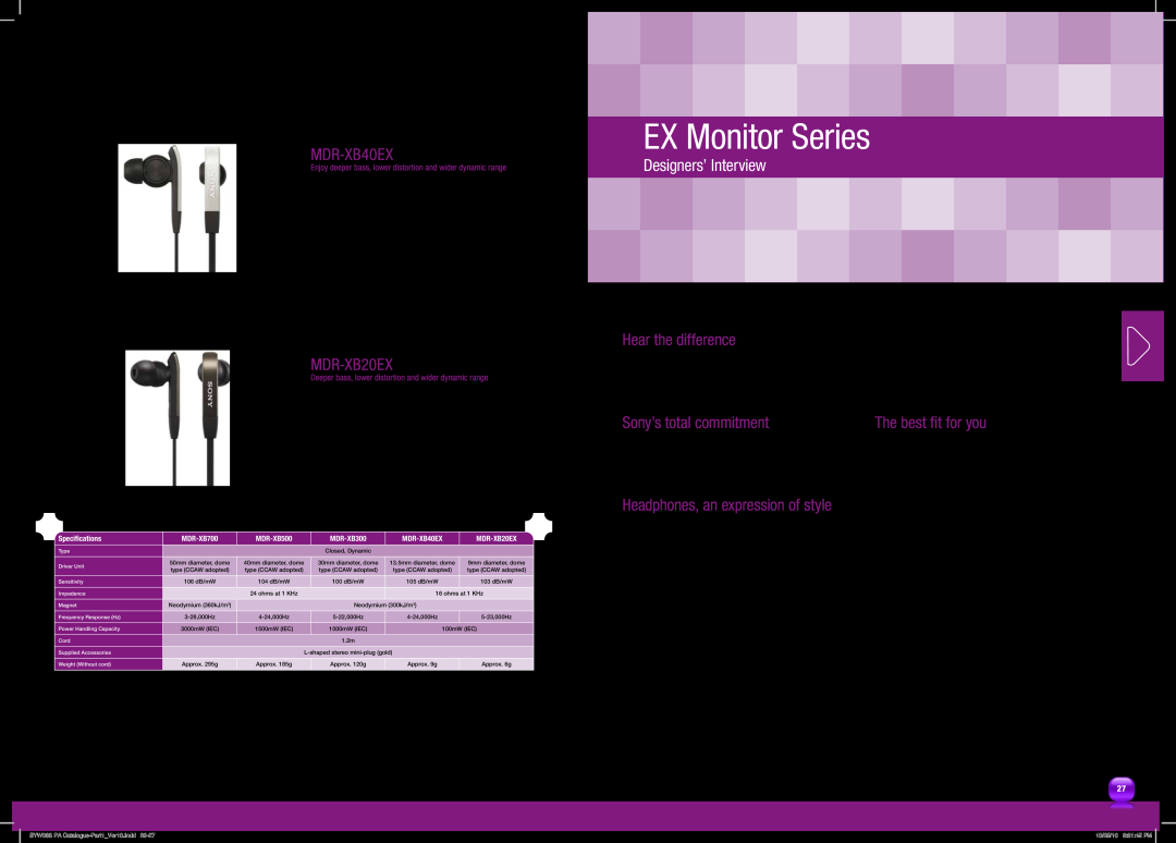 Sony MDRPQ4/PNK manual EX Monitor Series, MDR-XB40EX, MDR-XB20EX, Hear the difference, Sony’s total commitment 