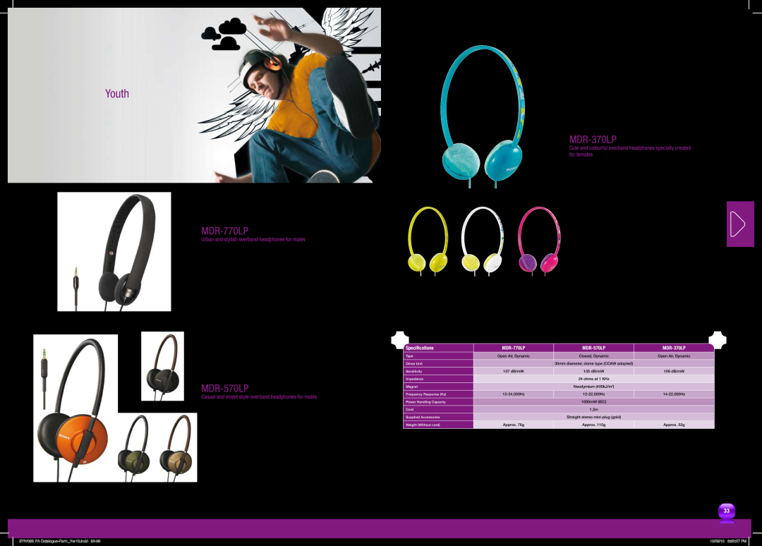 Sony MDRPQ4/PNK manual Youth, MDR-770LP, MDR-570LP, MDR-370LP, Urban and stylish overband headphones for males 