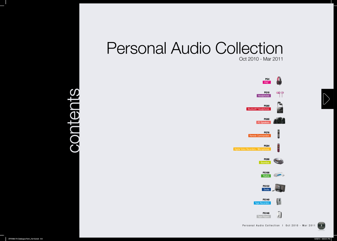 Sony MDRPQ4/PNK manual contents, Personal Audio Collection, Oct 2010 - Mar 