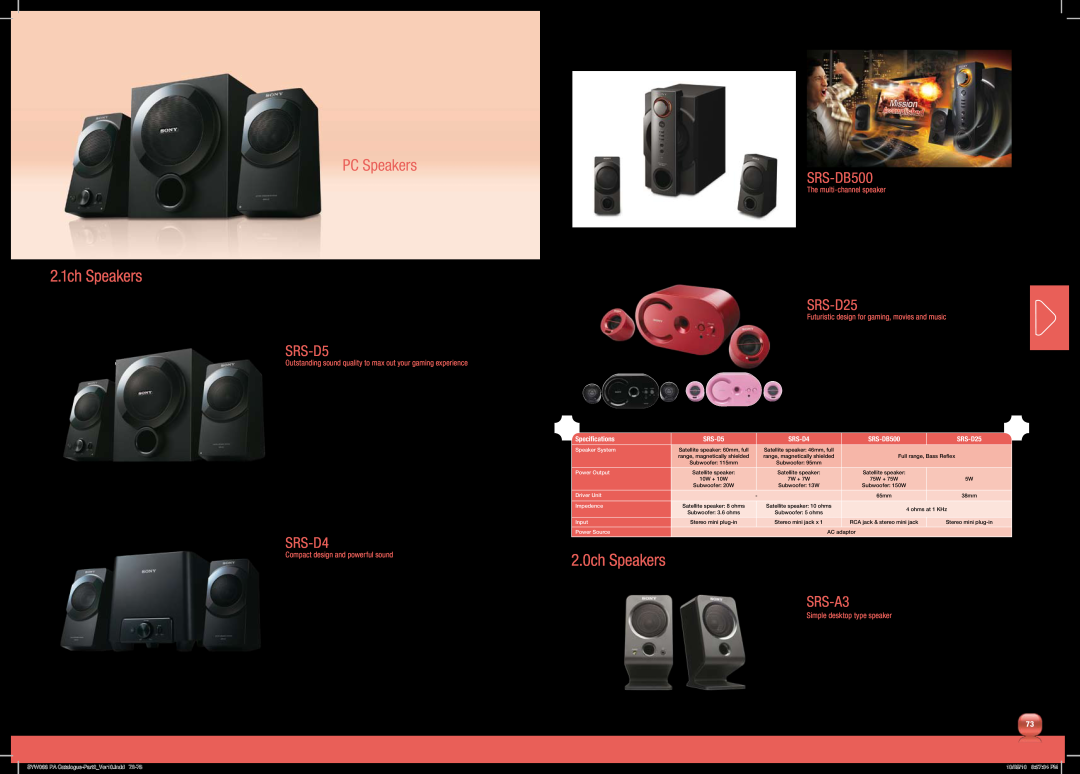 Sony MDRPQ4/PNK manual 2.1ch Speakers, 2.0ch Speakers, PC Speakers, SRS-D5, SRS-DB500, SRS-D25, SRS-D4, SRS-A3 