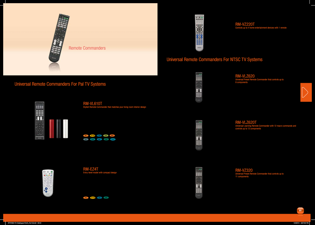 Sony MDRPQ4/PNK manual Universal Remote Commanders For Pal TV Systems, Universal Remote Commanders For NTSC TV Systems 