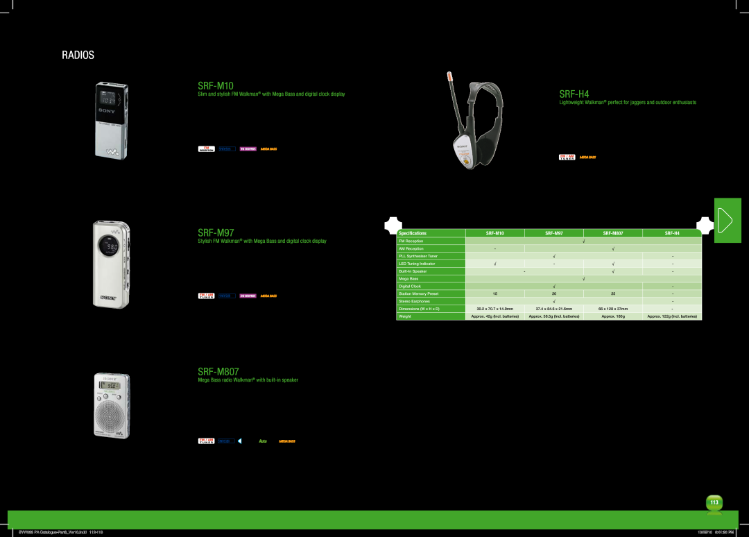 Sony MDRPQ4/PNK manual Radios, SRF-M10, SRF-M97, SRF-M807, SRF-H4, Mega Bass radio Walkman with built-inspeaker 