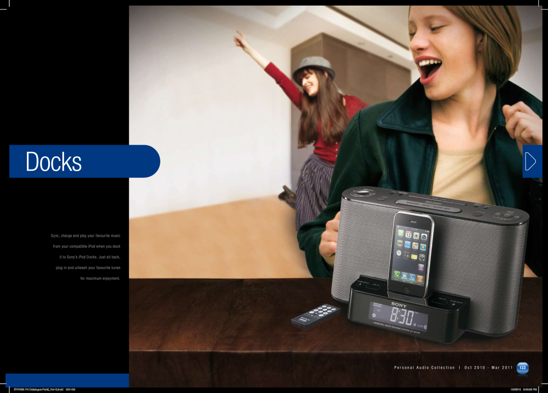 Sony MDRPQ4/PNK manual Docks, Plug In, Charge Up And Keep The Music Going, SYW033 PA Catalogue-Part3_Ver10.indd 