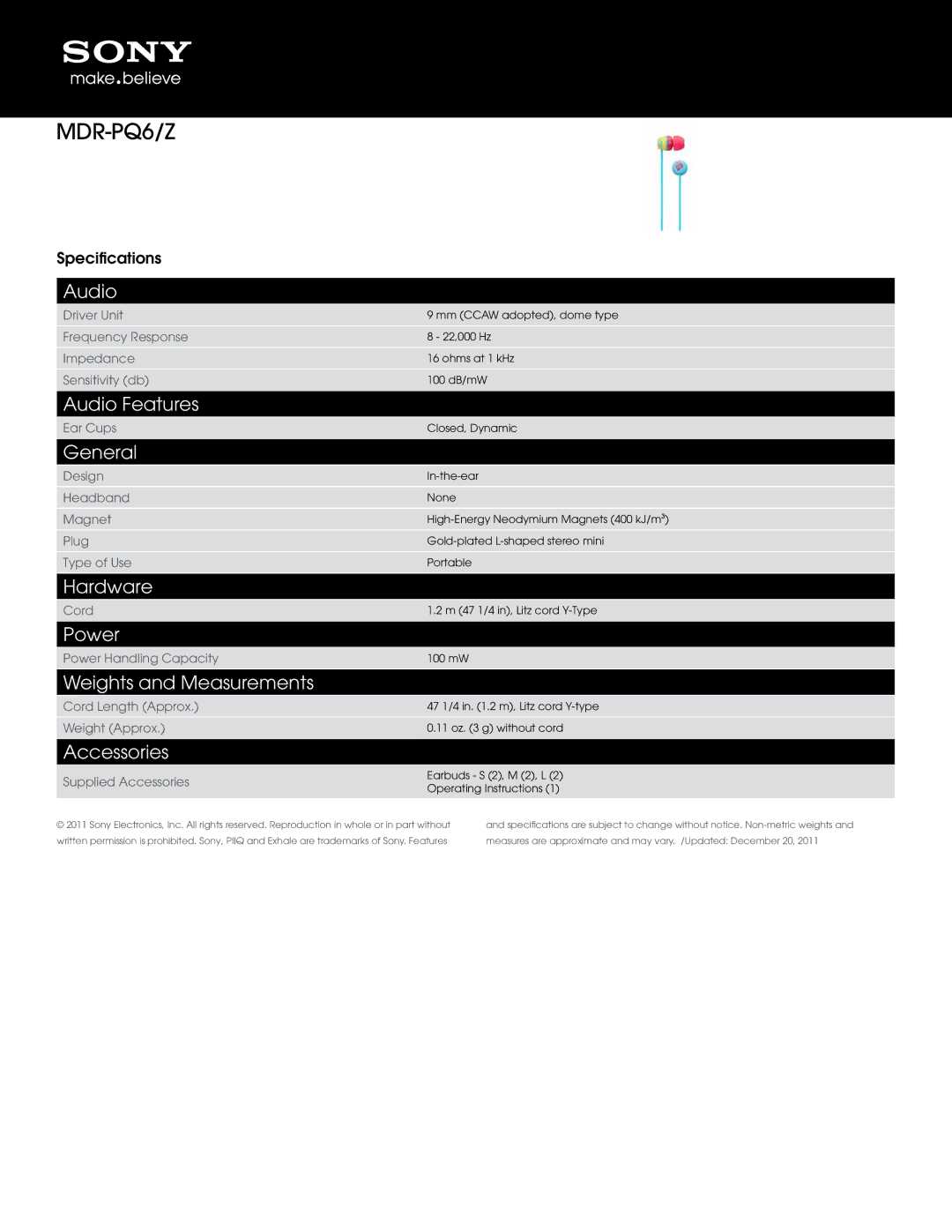 Sony MDRPQ6/Z operating instructions MDR-PQ6/Z 