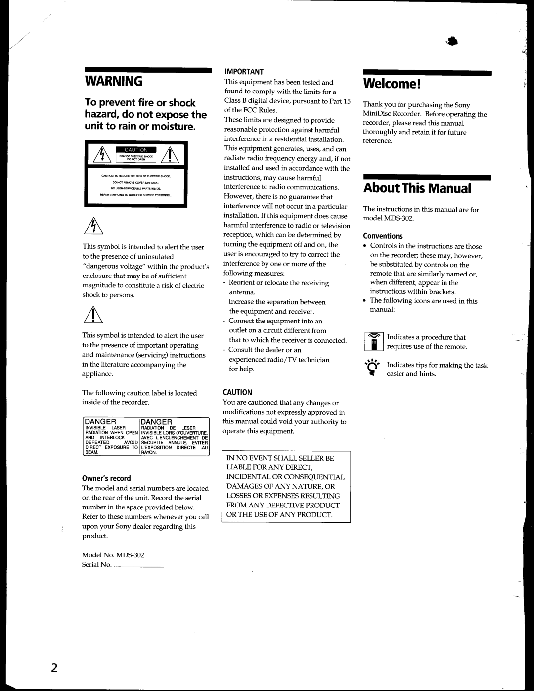 Sony MDS-302 manual 