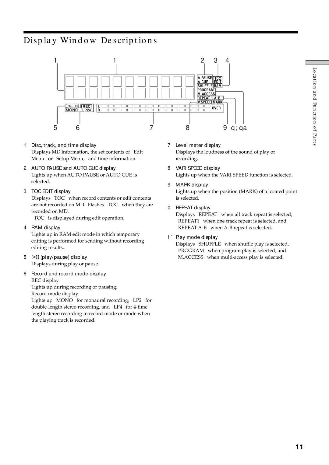 Sony MDS-E10 manual Display Window Descriptions 