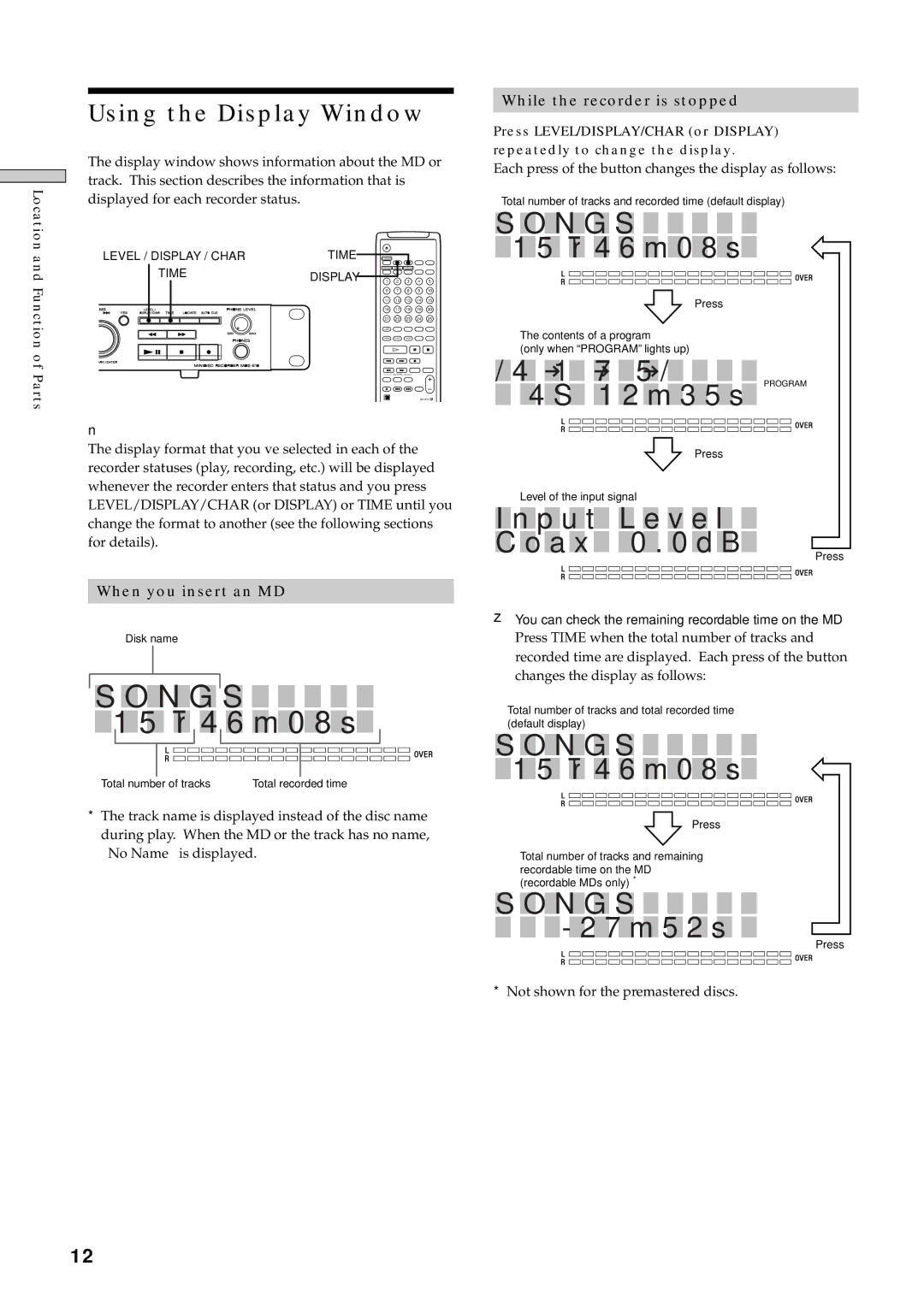 Sony MDS-E10 manual Using the Display Window, When you insert an MD, While the recorder is stopped 