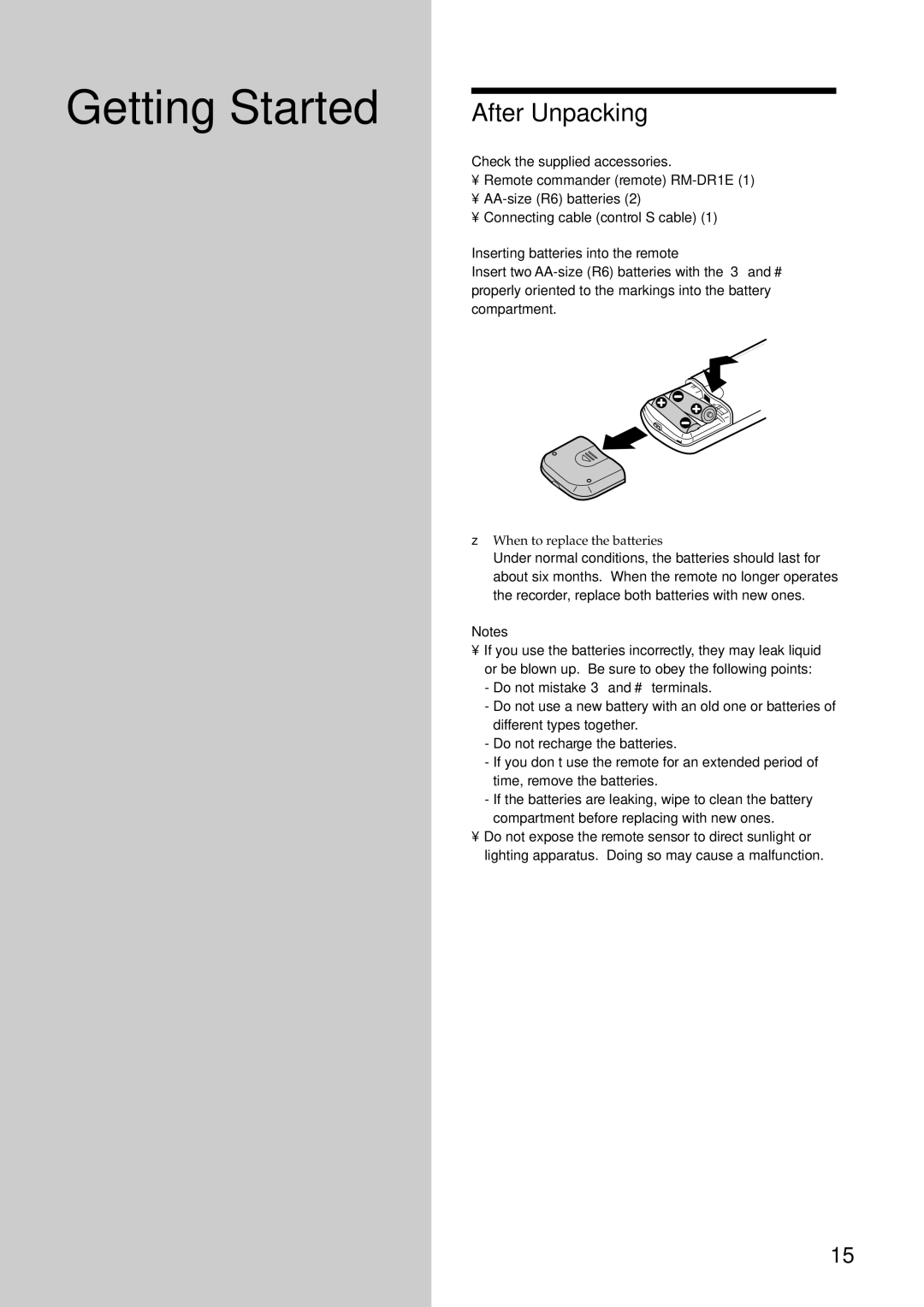 Sony MDS-E10 manual Getting Started After Unpacking, Inserting batteries into the remote 